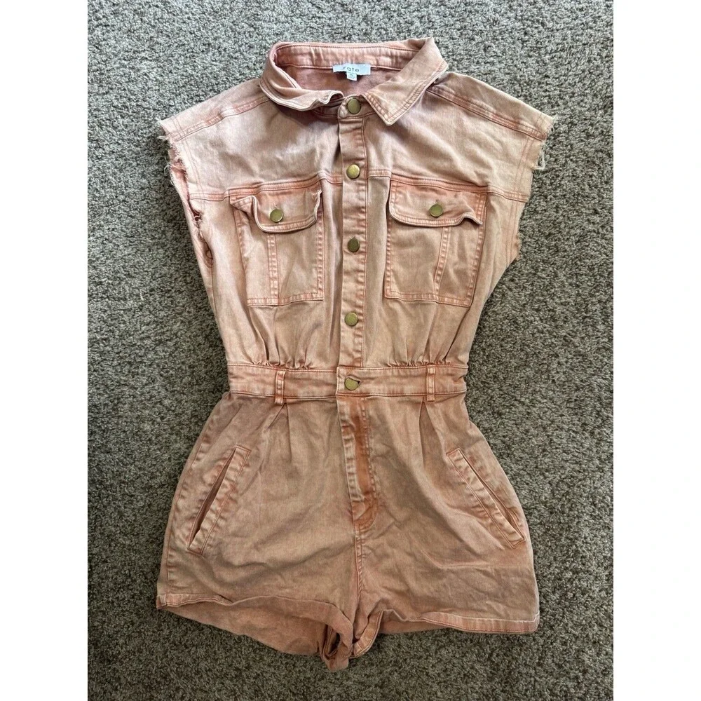 Fate Peach Acid Wash Utility Romper Womens Small Button Front Denim Shorts